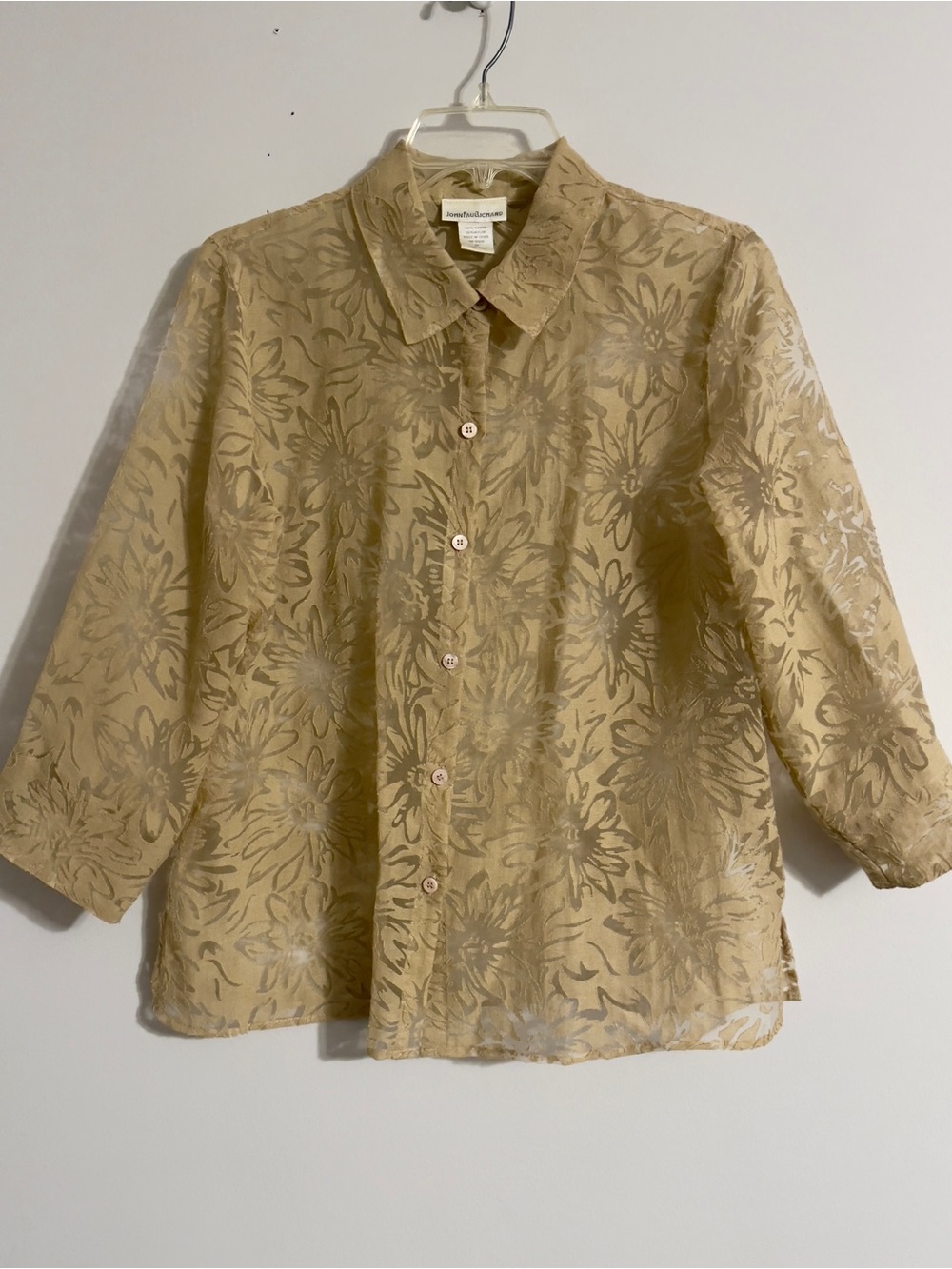 Vintage Sheer Floral Burnout Button Down Top Beige M Fairy Cottage Boho Whimsy
